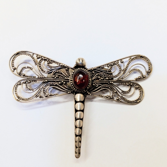 Jewelry - Large Sterling Silver Beaded Amber Dragonfly Brooch Vintage